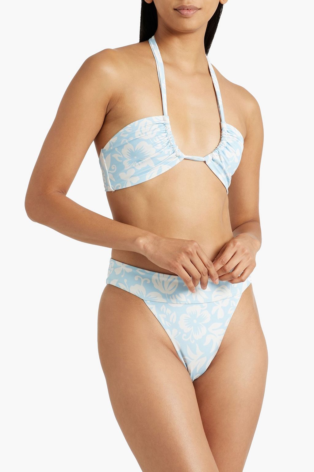 Ruched floral-print halterneck bikini top
