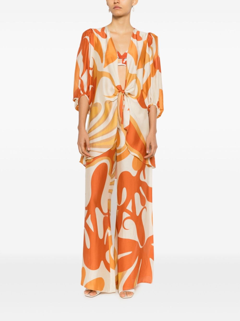 swirl-print front-tie blouse