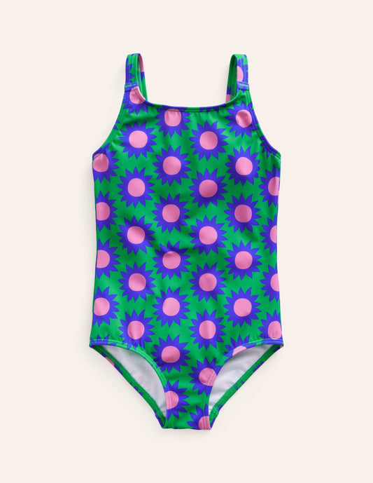 Fun printed swimsuit runner bean sunflower geo