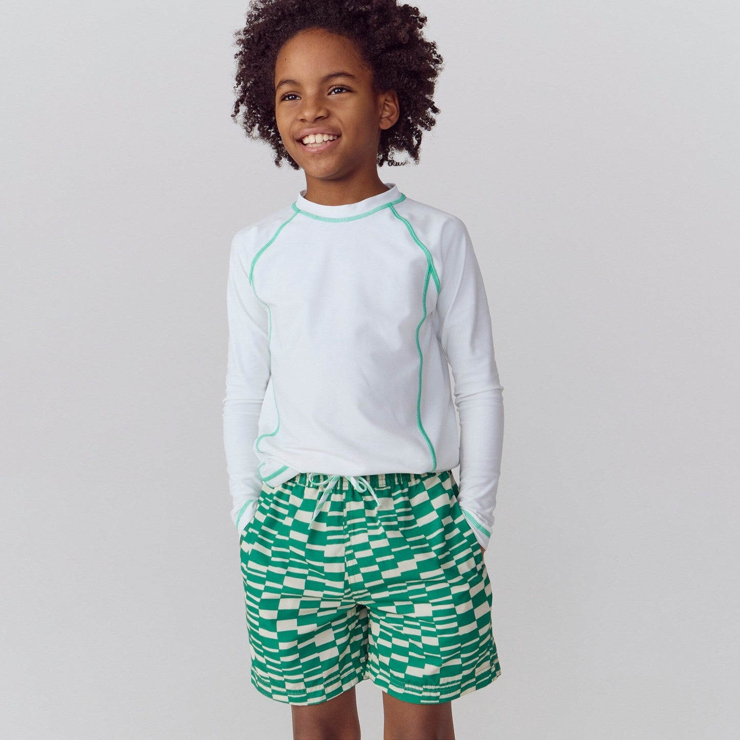 Kids' panel rash guard with upf 50+ white green multi